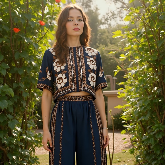 Floral Navy Blouse and Pant - Picture 1 of 3